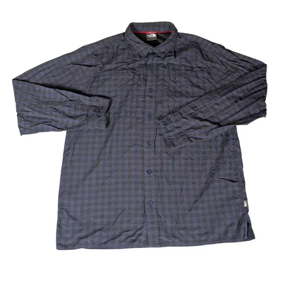 The North Face Mens Navy‎ Blue Gingham Check Long Sleeve Hiking Shirt 5150